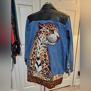 One Of a Kind Leopard Appliqued Jean Jacket With Leather Collar Xl